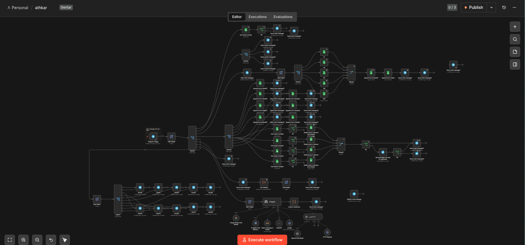 The Telegram bot workflow in n8n: a Telegram trigger routing into roughly ninety nodes covering scheduled reminders, Google Sheets storage and an AI agent with chat memory.