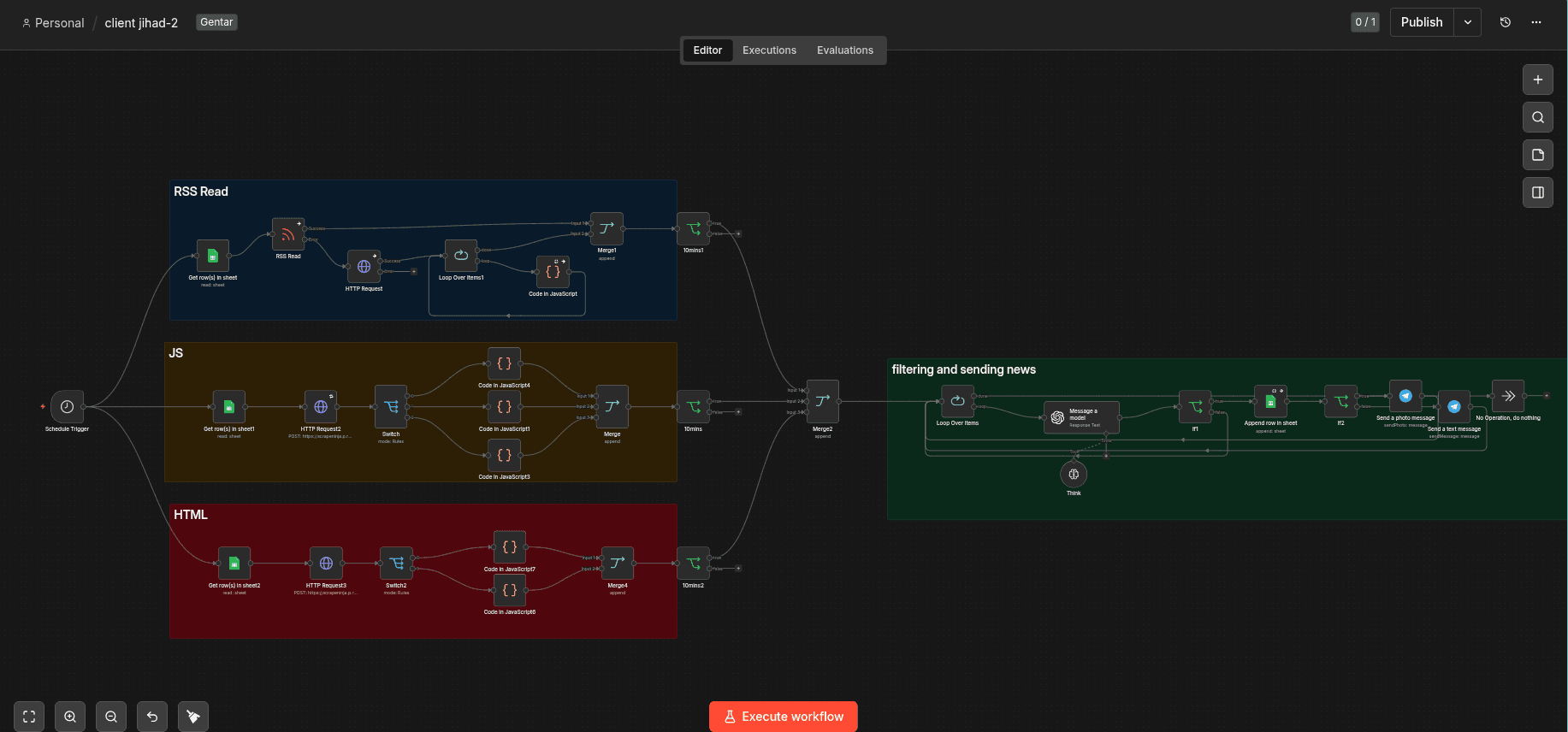 Tri-modal automated news scraping architecture in n8n processing RSS, JavaScript, and HTML sources into Telegram broadcasts